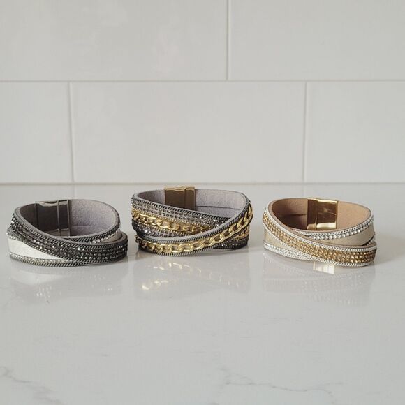 3 pc faux Leather Wrap Multilayer Bracelets Rhinestone Magnetic Closure Boho - Picture 2 of 10